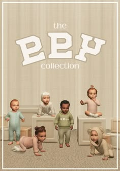 a group of babies sitting on top of boxes in front of a wall with the words the p p d collection