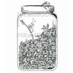 a jar filled with lots of skulls sitting on top of a white table next to a black and white drawing