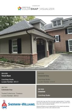 the color scheme for this house is gray and brown, with black shutters on each side