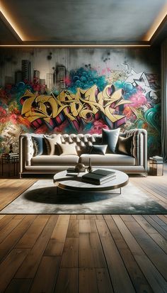 a living room with a couch, coffee table and graffiti on the wall