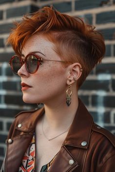 Red Long Pixie Haircut, Queer Pixie Cut, Pixie Color Ideas, Shaved Side Pixie, 80s Pixie Cut, Short Hair Pixie Undercut, 90s Pixie Haircut, 2024 Pixie Cut, Short Colorful Hair