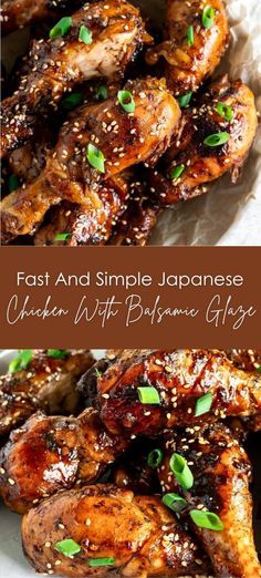 some chicken wings with sesame seeds on top and the words fast and simple japanese cuisine written in