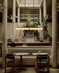 two tables and chairs in front of a bar with potted plants