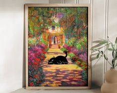 a painting of a black cat sitting in the middle of a garden