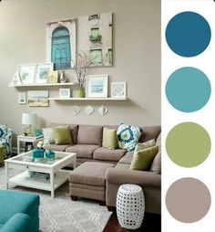 the living room is decorated in shades of blue, green and gray with white accents