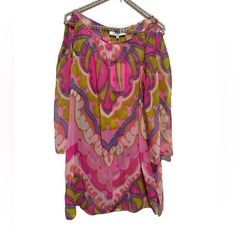 Tibi Silk Cold Shoulder Pink Green Purple Long Sleeve Sheer Chiffon Blouse Top Size S New With Tag Length Approx 30 Inches Armpit To Armpit Approx 20 Inches Side Slits Goldtone Rings At Shoulder Dry Clean Only Silk Relaxed Loose Fit Retro Styling Barbiecore Elle Woods Pink Swirled Print Spring Silk Beach Blouse, Silk Beach Blouse For Spring, Flowy Pink Chiffon Blouse, Feminine Chiffon Blouse For Vacation, Silk Blouse For Spring Vacation, Spring Silk Tunic Blouse, Feminine Pink Blouse For Beach, Chic Silk Beach Blouse, Pink V-neck Daywear Blouse