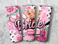 two pink vases with the word bride on them and an image of a cow