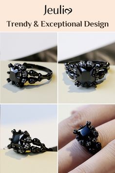 Cool and distinctive, this black skull ring features a black princess cut center stone wrapped in a frame of eight skull heads, while sparkling round stones decorate the skull heads for extra shimmer. Black Skull Ring, Skull Engagement Ring, Sterling Silver Skull Rings, Silver Skull Ring, Black Princess, Black Skull, Stone Wrapping, Skull Head, The Skull