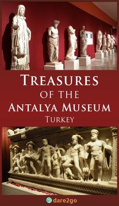 the cover of treasures of the antalya museum turkey, with statues on display