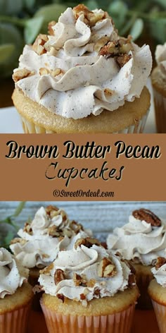 some cupcakes with white frosting and pecans on top