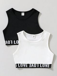 Tween Girl Casual Street Style Multicolor Letter Print Black And White 2pcs Tank Top Set Multicolor Casual   Fabric Colorblock,Letter Tank Medium Stretch  Tween Girls Clothing, size features are:Bust: ,Length: ,Sleeve Length: Cute Clothes Shein, Tight Crop Top, Cute Dress Outfits, Casual Preppy Outfits, Print Black And White, Tanktop Girl, Cute Preppy Outfits, Easy Trendy Outfits, Tank Girl