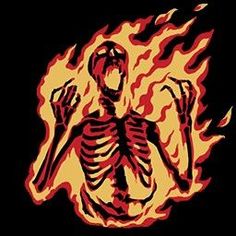 a skeleton sitting in front of a fire with his hands up and mouth wide open