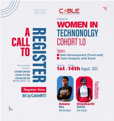 an advertisement for a call to register event featuring women in technology and cohort 1 0