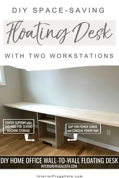 the diy space saving floating desk with two workstations and instructions to install it