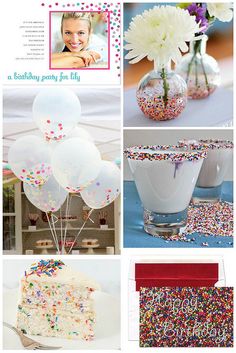 a collage of photos with balloons, cake and confetti in vases