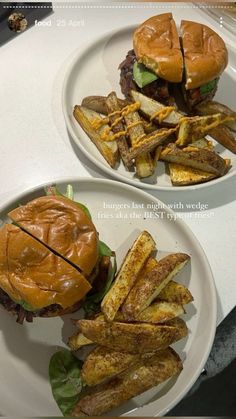 two plates with hamburgers and french fries on them