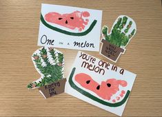 Toddler craft watermelon footprint cactus handprint One In A Melon Craft, Garden Footprint Art, Gardening Crafts For Infants, Watermelon Footprint Art, May Footprint Art, Watermelon Handprint, Watermelon Footprint, Cactus Handprint Art