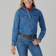 Duluth Trading Co. Women's Fence Mender Denim Western Style Shirt Sz Small Snap On New With Tags As Pictured. Durable 7.2-Oz. Cotton Denim Is A Range-Ready Classic, While Beautiful Western Detailing Like The Flat-Felled Yoke And Pearl Snaps Make The Fence Mender Denim Shirt A Closet Staple For Years To Come! Pitch Hay, Grab The Saddle Horn Or Lasso Runaway Calves With Abandon Hidden Reach Gussets And A Modern Bi-Swing Back Give Arms And Shoulders Room To Roam. Sneak A Peek Under The Front Hem An Washed Blue Fall Shirt, Classic Denim Blue Tops For Rodeo, Classic Fitted Washed Blue Denim Top, Western Style Relaxed Fit Medium Wash Tops, Rodeo Tops With Snap Buttons In Relaxed Fit, Medium Wash Fitted Western Tops, Western Blue Relaxed Fit Tops, Western Style Blue Relaxed Fit Tops, Fitted Denim Tops For Ranch