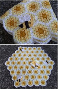 crocheted yellow and white placemats with bees on them, one in the shape of a bee