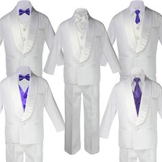 Brand New White Shawl Lapel Tuxedo with PURPLE Bow Tie, Necktie, and Vest Choose your own Style Including in this listing: Shawl Lapel Jacket Shirt Satin Vest Pants Satin Bow Tie Choose your own pieces ( Add Bow Tie, Necktie, Vest)  Features: Single Breasted Jacket with Satin Shawl Lapel with soft shoulder pads fully lined. One covered button, one welted pocket on top-left chest, two welted pockets on the front. (100% Polyester) The long white shirt is made out 35% cotton, 65% pol Shawl Lapel Suit, Shawl Lapel Tuxedo, Formal Shawl, Suits Tuxedo, Long White Shirt, Pants Satin, Vest And Bow Tie, Satin Shawl, Satin Suit