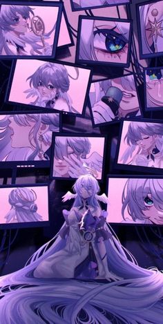 an anime character surrounded by many animated screens and pictures on the wall in front of them