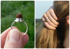 a woman is wearing a ring with a pine cone on it, and another photo shows her hand holding the ring