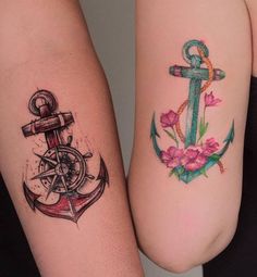 two women with tattoos on their arms and one has an anchor, the other has flowers