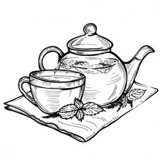 a teapot and cup on a napkin with an ink drawing effect stock photo image