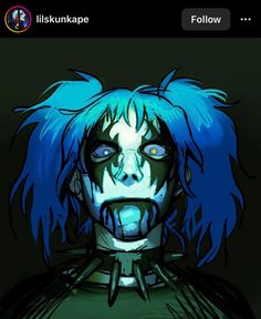 an animated image of a person with blue hair and green eyes, looking at the camera