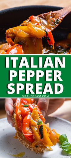 someone is holding up a piece of bread with peppers on it and the words italian pepper spread