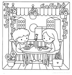 two children sitting at a table in front of a flower shop