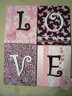 four pieces of fabric with the word love on them, each decorated in pink and black