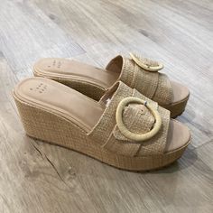 New Women’s A New Day Victoria Platform Sandals 3” Platforms Summer Wedge Sandals With Textured Footbed For Day Out, Spring Vacation Mules With Buckle Closure, Summer Wedge Sandals With Buckle Closure For Day Out, Summer Wedge Sandals With Buckle For Day Out, Summer Wedge Sandals With Buckle Closure, Slip-on, Summer Day Out Heels With Cushioned Footbed, Summer Beige Mules With Buckle Closure, Summer Vacation Mules With Buckle Closure, Summer Heels With Round Toe For Day Out