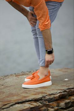 Orange Shoes Men, Refined Fashion, Orange Shoes, Looking Dapper, Everyday Shoes, Loafer Sneakers, Tassel Loafers, Eva Sole, Sole Shoes