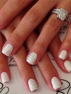 Wedding Nail Ideas: White and silver sparkle wedding nails! #nailart Silver Nail Designs, Wedding Manicure, White And Silver Nails, Gel Nail Art Designs, Wedding Nails For Bride, Bride Nails, Silver Nails, Gel Nail Designs, Fancy Nails