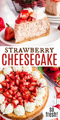 strawberry cheesecake on a plate with strawberries in the background and text overlay