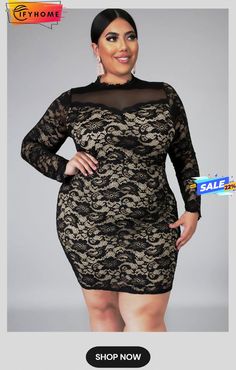 Black Black Long Sleeve Lace Mesh Splicing Floral Plus Size Dress Floral Plus Size Dresses, Plus Size Style, Floral Sundress, Midi Sheath Dress, 80 Dress, Plus Dresses, Ruched Dress, Club Dresses, Plus Size Dress