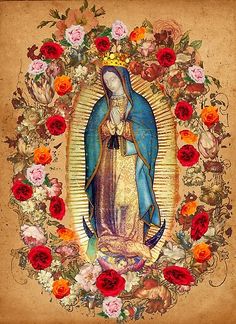 an image of the virgin mary surrounded by flowers