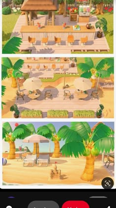 an animated beach scene with palm trees and chairs