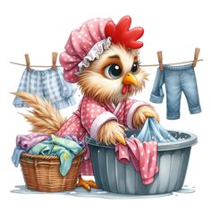 a cartoon chicken is washing clothes in a basket and looking at the camera while wearing a pink hat