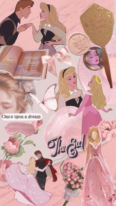 a collage of disney princesses and their names on pink marbled paper with the words, once upon a dream