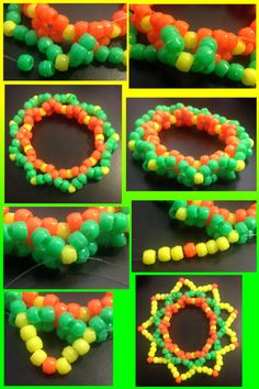 several pictures of different bracelets made out of plastic beads