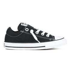 Step up your everyday style with these Chuck Taylor All Star High Street OX sneakers. Breathable canvas upper with padded tongue and collar, Slip-on entry with decorative lace-up front, Iconic rubber toe cap and textured toe bumper, Lightly cushioned insole with fabric lining, Vulcanized rubber midsole with sidewall trim, Durable rubber outsole with traction pattern, Converse® All Star branding details | Kids' Converse Little Kid Chuck Taylor All Star Street Ox Slip-On Sneakers in Black/White Si Converse Low-top Sneakers For Streetwear, Pattern Converse, Star Branding, Kids Converse, Shoe Carnival, Converse All Star, Chuck Taylor All Star, Slip On Sneakers, Everyday Style