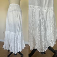 Antique edwardian petticoat with insertion lace at the hem.  This is likely from about 1905-1910.   IMPORTANT: This petticoat originally was a drawstring but someone has added a hook and eye closure to make it a set waist at 37".  If you want ot convert it back to drawstring It would be very simple-  remove the hook and eye and thread a cord into the tunnel.   ( usually use a safety pin to make this easier) 37 is the current waist and the maximum this will go to .   If it become a drawstring it can be "drawn" as small as needed  This has been gently hand cleaned.   There are a few areas where the lace is separating. but they blend it.  three is a piece of "beading" lace trim that could use a new ribbon of you choice.   Sold as is; see photos. Fitted Vintage Bottoms With Attached Cancan, Vintage White Lace Bottoms, White Lace Vintage Bottoms, White Vintage Lace Bottoms, Vintage Fitted Bottoms With Attached Cancan, Vintage Fitted Wedding Bottoms, Fitted Vintage Skirt With Lace Patchwork, Vintage Long Lace Skirt, Lace Fitted Full Skirt Bottoms