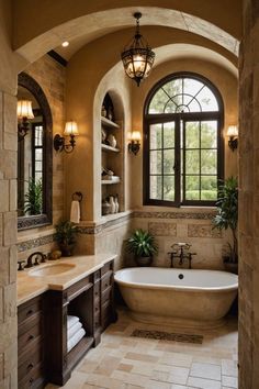 a bath room with a tub a sink and windows