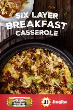 the cover of six layer breakfast casserole is shown in front of a bowl