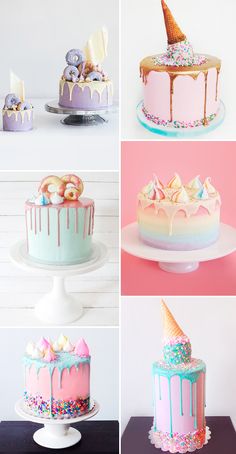 a collage of cakes with different frosting designs and decorations on them, including an ice cream cone