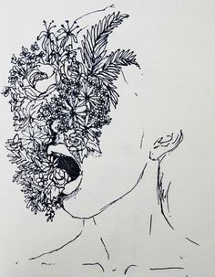 a drawing of a woman's head with flowers in her hair and an open mouth