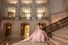 Full view of quinceanera's stunning pink dress for San Francisco City Hall pre-event session captured by wedding and portrait photographer based in Sacramento CA Quinceñera Photos, Quinceañera Planner, Light Blue Quinceanera Ideas, Quince Pics, Quince Photos