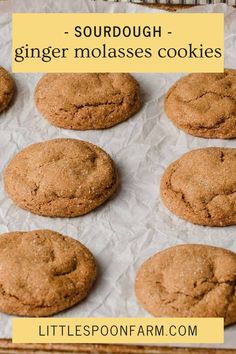 some cookies that are on top of a sheet of wax paper with the words, sourdough ginger molassses cookies